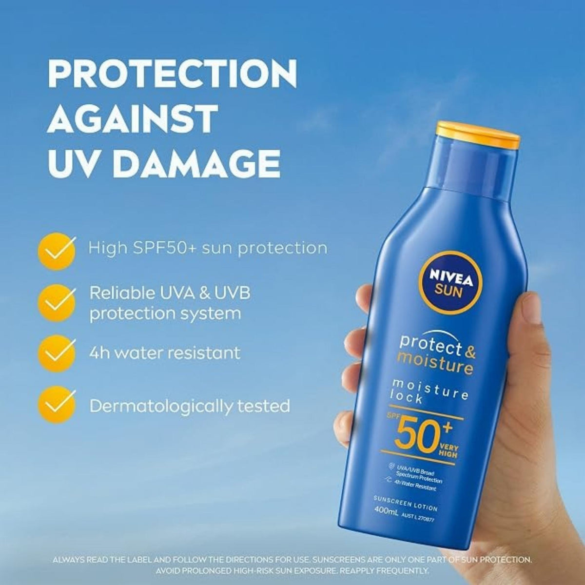 Refect Beauty Nivea Sun Protect & Moisture SPF 50+ sunscreen lotion bottle held in hand against a blue sky background