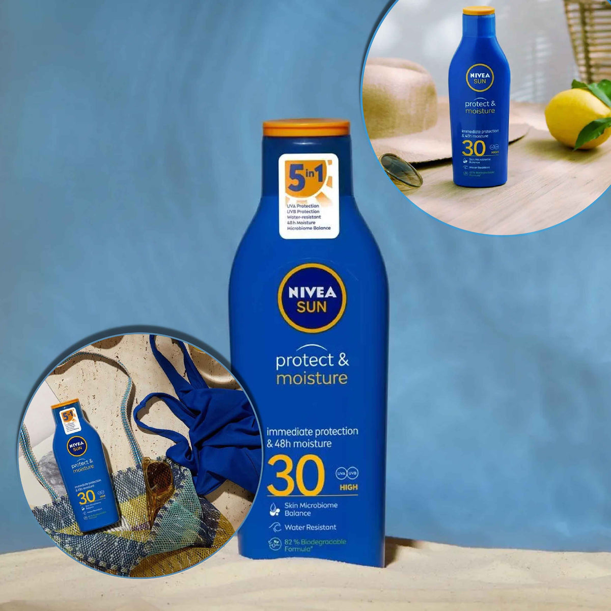Refect Beauty Nivea Sun Protect & Moisture SPF 30 sunscreen lotion in a blue bottle for daily UVA and UVB protection.