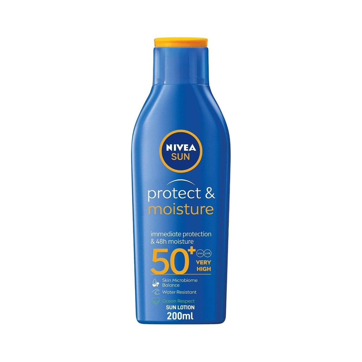 Refect Beauty Nivea Sun Protect & Moisture SPF 50+ sunscreen lotion in a 200ml blue bottle for broad-spectrum protection.