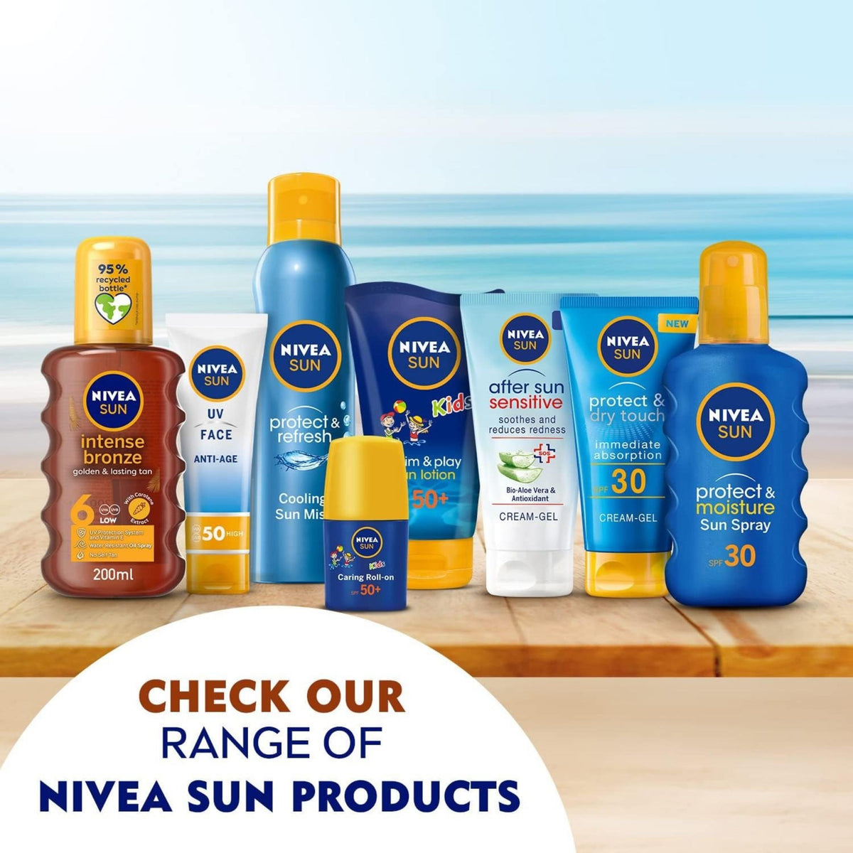 Refect Beauty collection of Nivea Sun lotions, sprays, and creams for sun protection and after-sun care on a beach