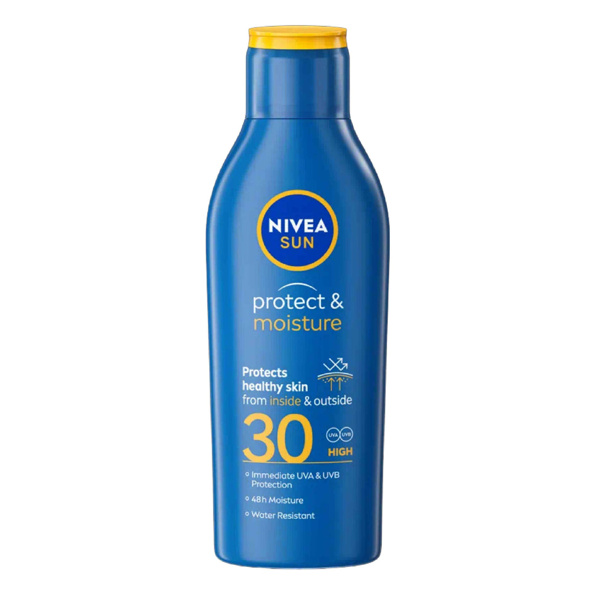 Refect Beauty Nivea Sun Protect & Moisture SPF 30 sunscreen lotion in a blue bottle with a yellow cap
