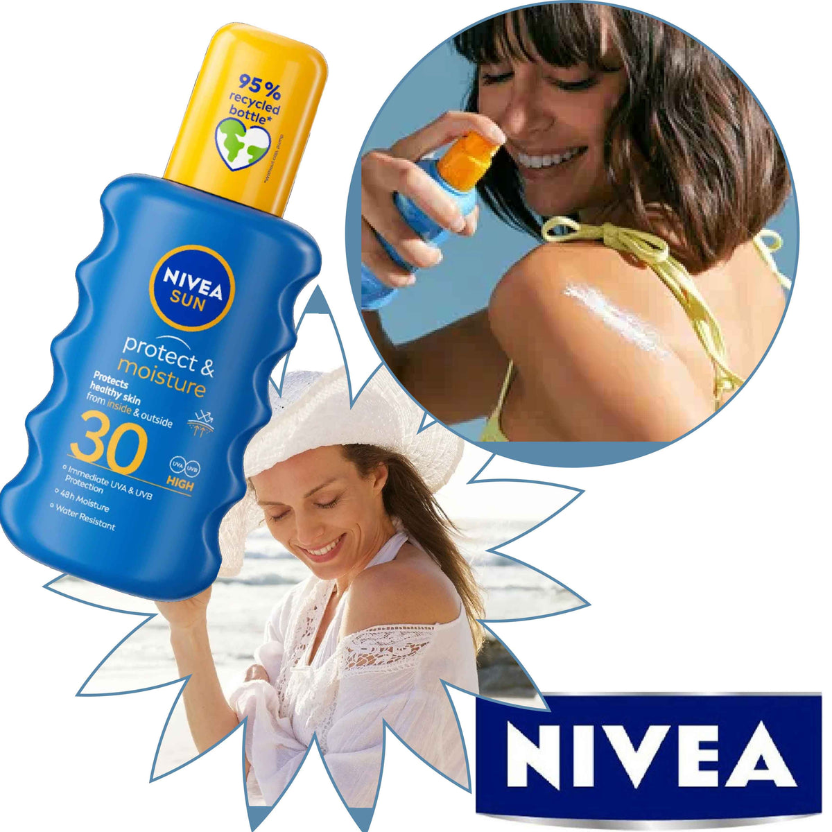 Refect Beauty Nivea Sun Protect & Moisture SPF 30 spray bottle with a woman applying sunscreen on a sunny beach day.