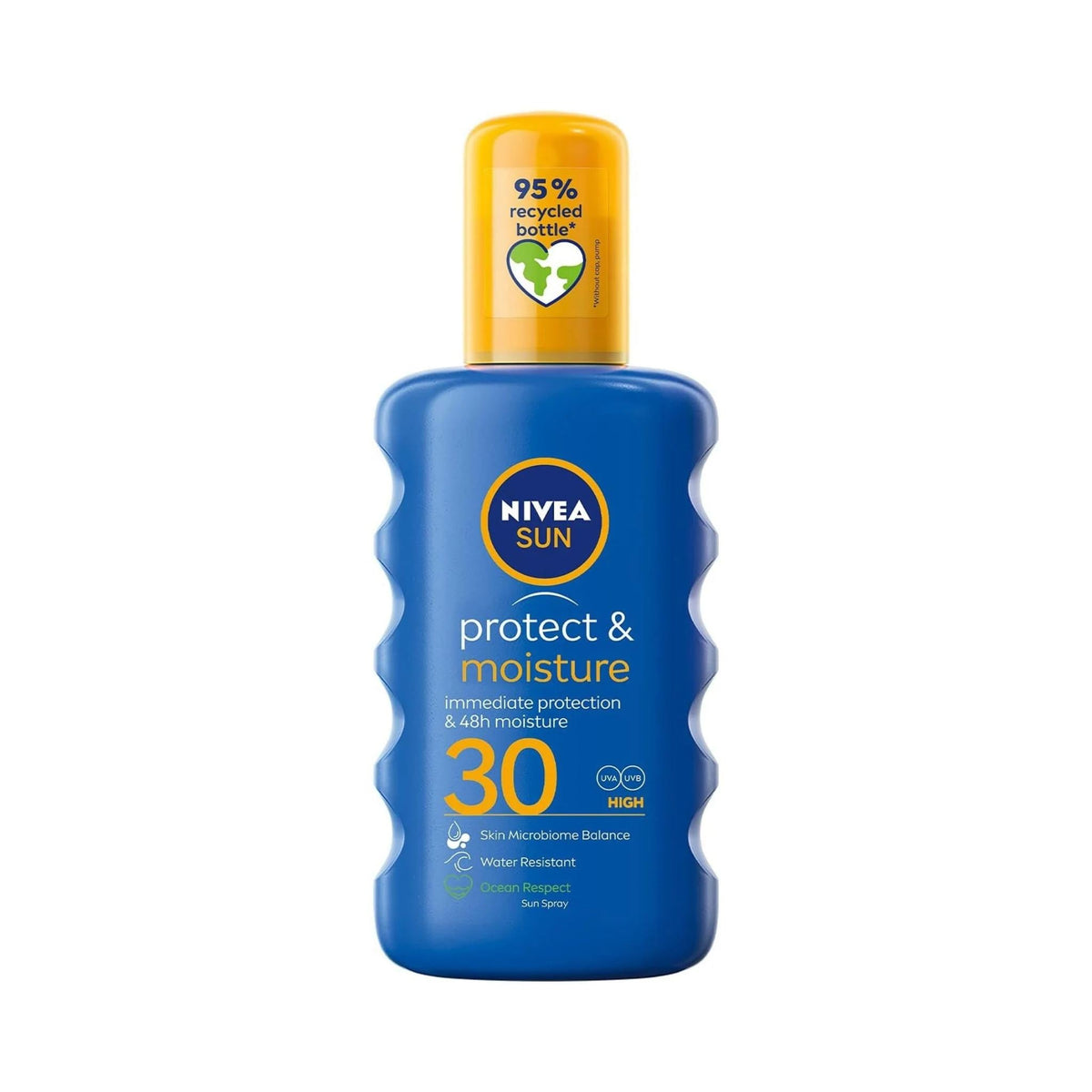 Refect Beauty Nivea Sun Protect & Moisture SPF 30 sunscreen spray in a blue bottle with a yellow cap