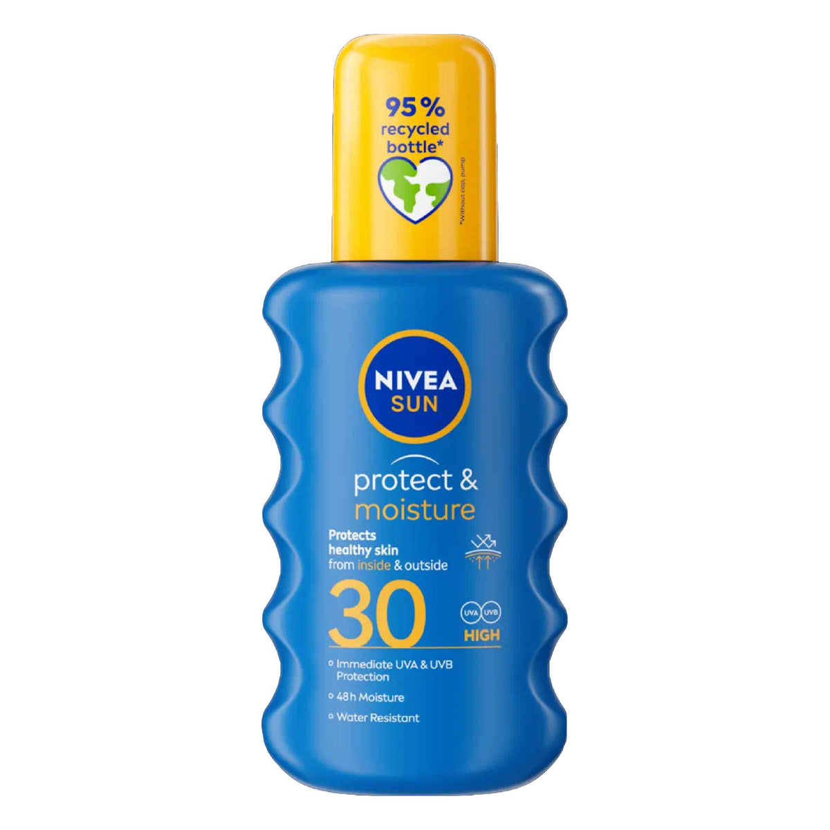 Refect Beauty Nivea Sun Protect & Moisture SPF 30 sunscreen spray bottle with a yellow cap and blue ergonomic design.