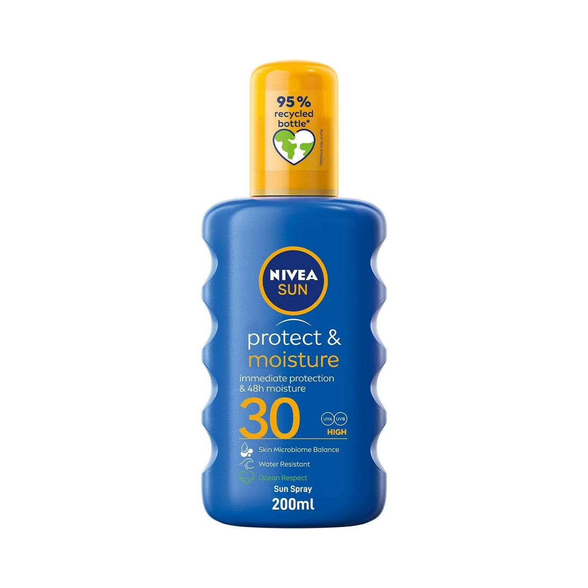 Refect Beauty Nivea Sun Protect & Moisture SPF 30 spray bottle with a yellow cap and blue 200ml container.