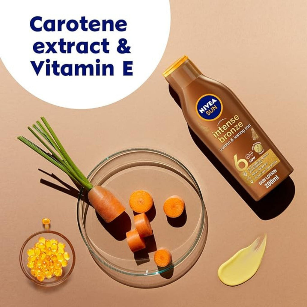 Refect Beauty NIVEA Sun Tan & Protect SPF 6 lotion bottle with carrot slices and Vitamin E capsules on brown background