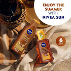 Refect Beauty NIVEA Sun Intense Bronze tanning lotion bottles with SPF 6 on a beach towel with a straw hat
