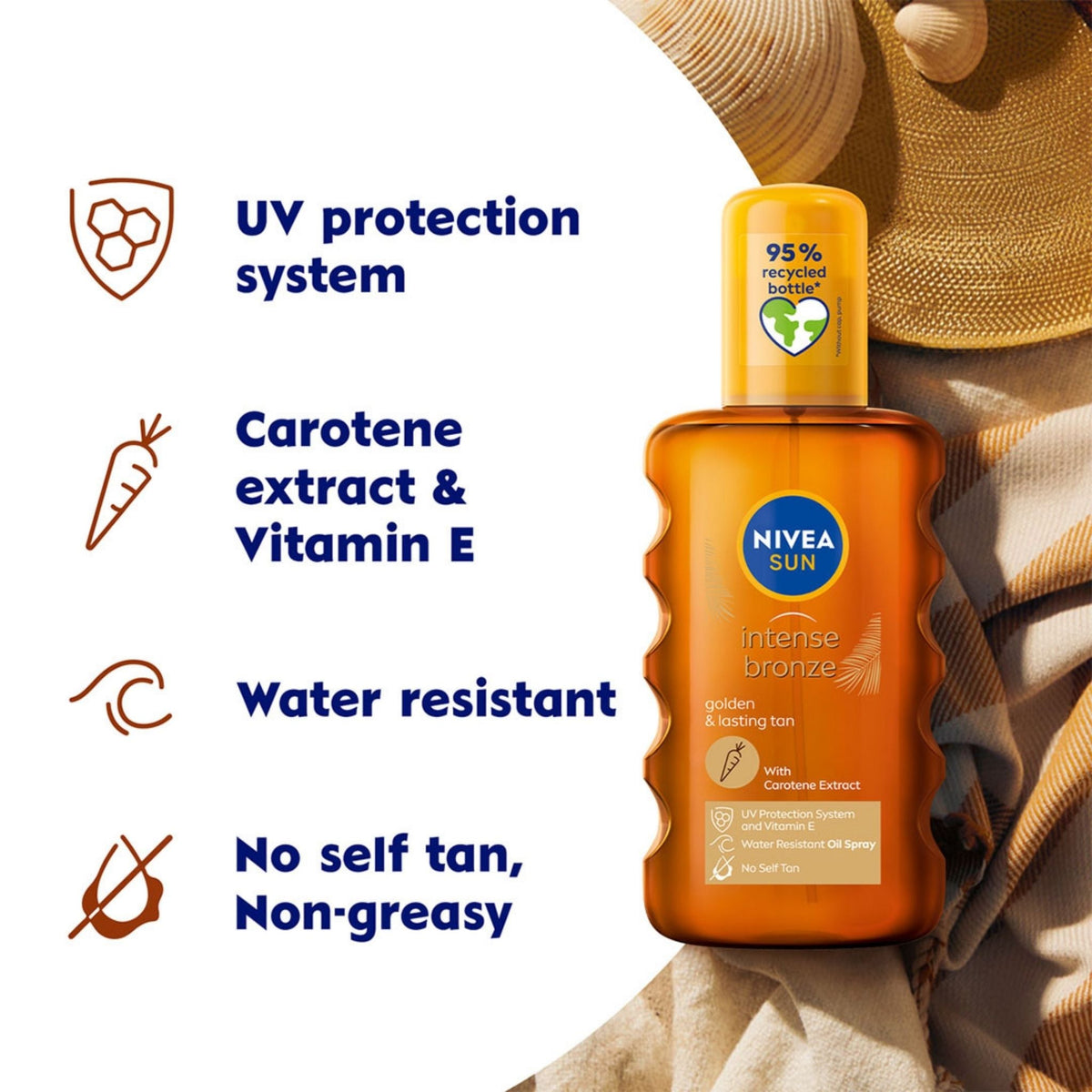 Refect Beauty Nivea Sun Intense Bronze tanning oil spray bottle with carotene extract and SPF 6 protection