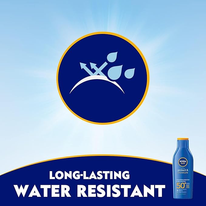 Refect Beauty Nivea Sun Protect & Moisture SPF 50+ sunscreen bottle featuring water-resistant and sun protection icons