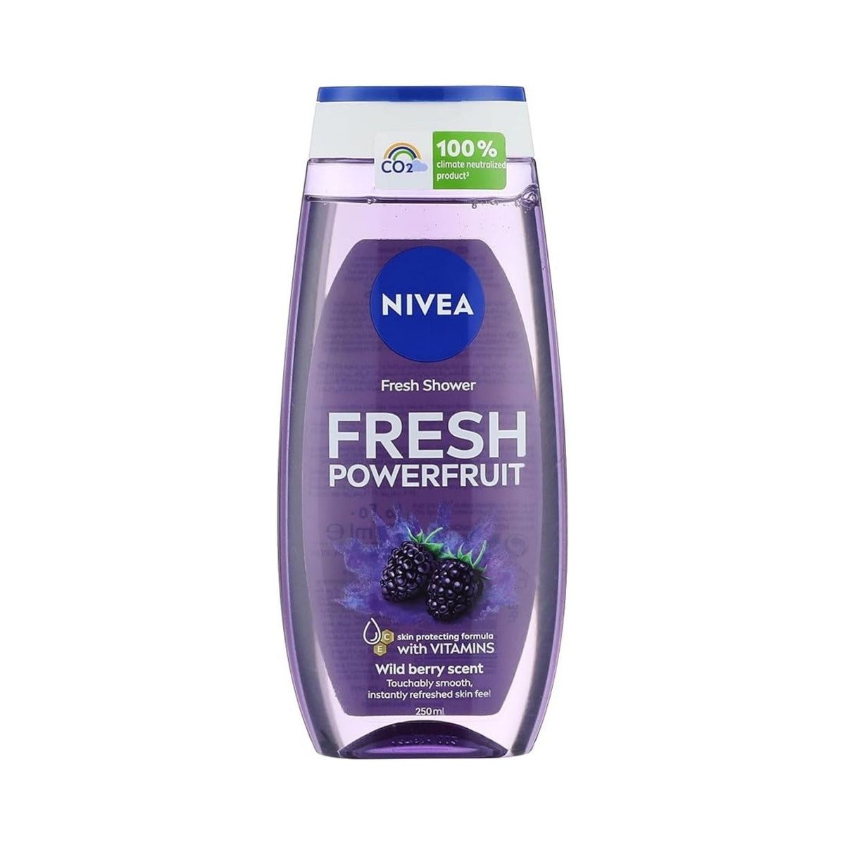 Refect Beauty Nivea Fresh Powerfruit wild berry shower gel in a purple bottle with a refreshing fruit scent.