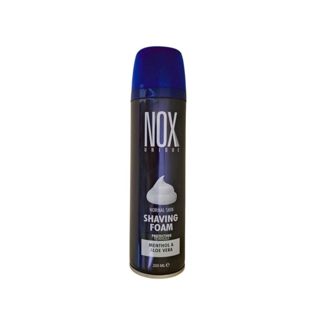Refect Beauty Nox Unique Skin Shaving Foam with menthol and aloe in a 200ml black aerosol can with a blue cap.
