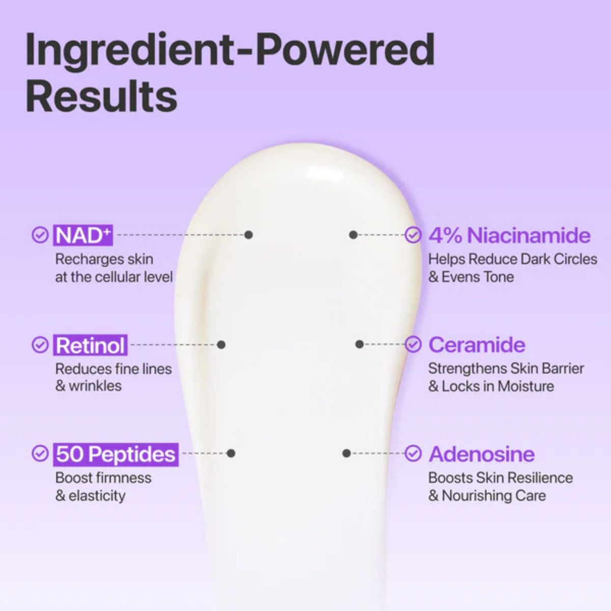 Refect Beauty Numbuzin No.9 eye cream texture showing key ingredients like NAD+, retinol, peptides, and niacinamide.
