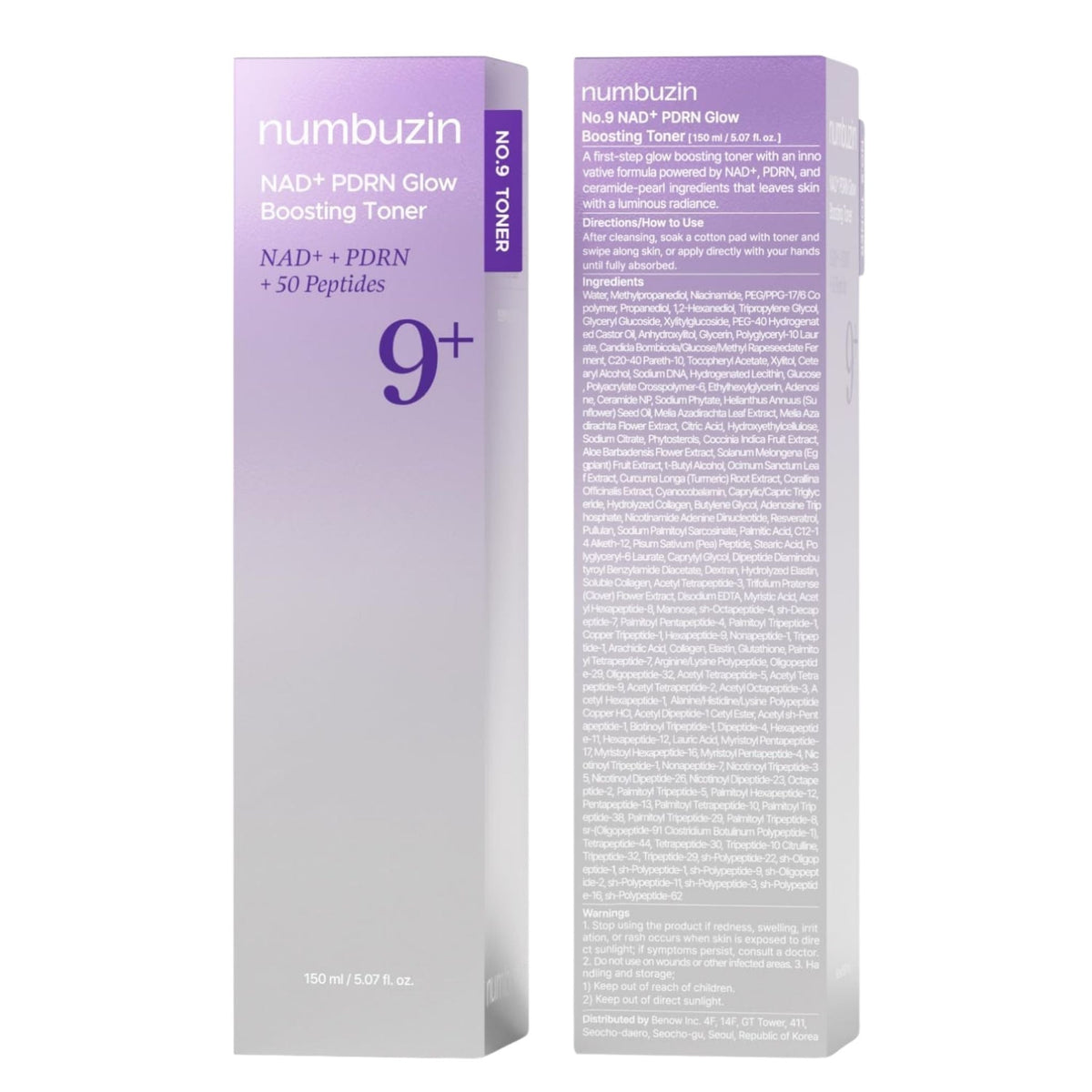 Refect Beauty Numbuzin No. 9 NAD+ PDRN Glow Boosting Toner bottle with purple packaging and detailed ingredient list.