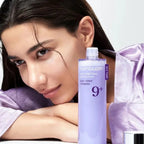 Refect Beauty Numbuzin No. 9 NAD+ PDRN Glow Boosting Toner bottle next to a woman with radiant skin