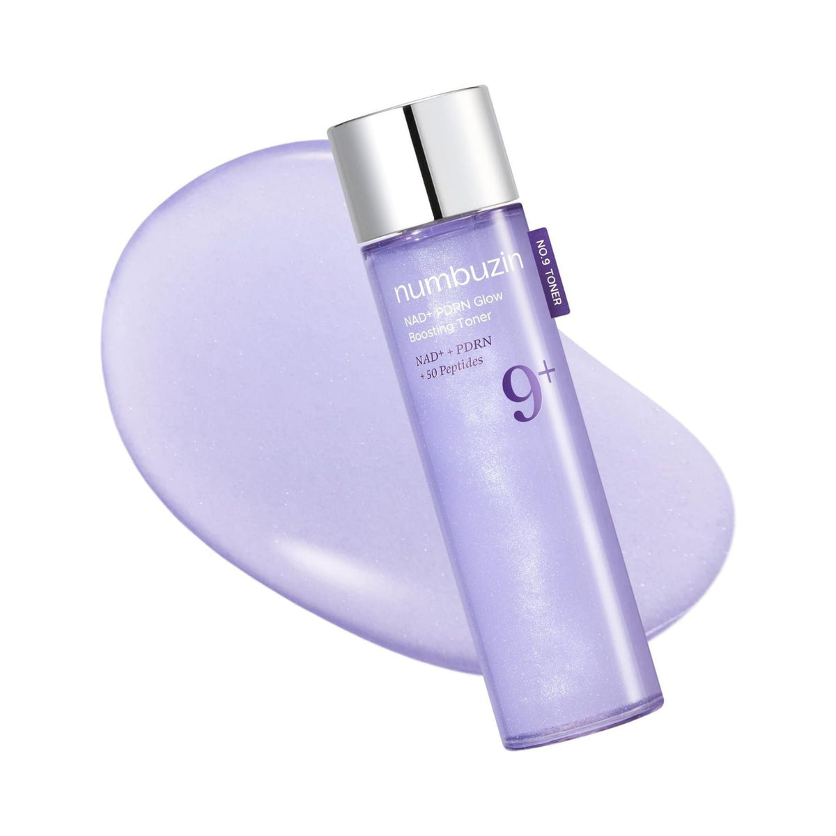 Refect Beauty Numbuzin No. 9 NAD+ PDRN Glow Boosting Toner in a purple bottle with a silver cap on a purple splash