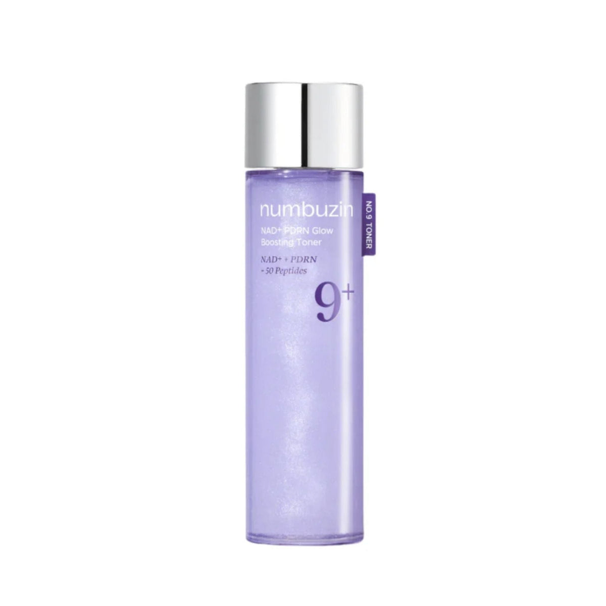 Refect Beauty Numbuzin No. 9 NAD+ PDRN Glow Boosting Toner in a translucent purple bottle with a silver cap.