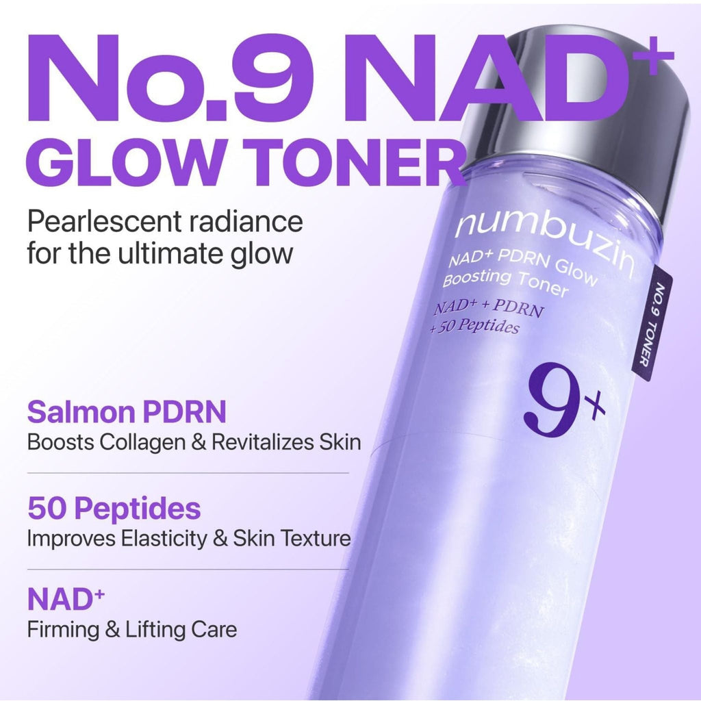 Refect Beauty Numbuzin No. 9 NAD+ PDRN Glow Boosting Toner bottle with purple gradient packaging and key benefits text