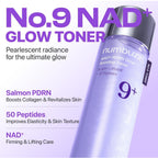 Refect Beauty Numbuzin No. 9 NAD+ PDRN Glow Boosting Toner bottle with purple gradient packaging and key benefits text