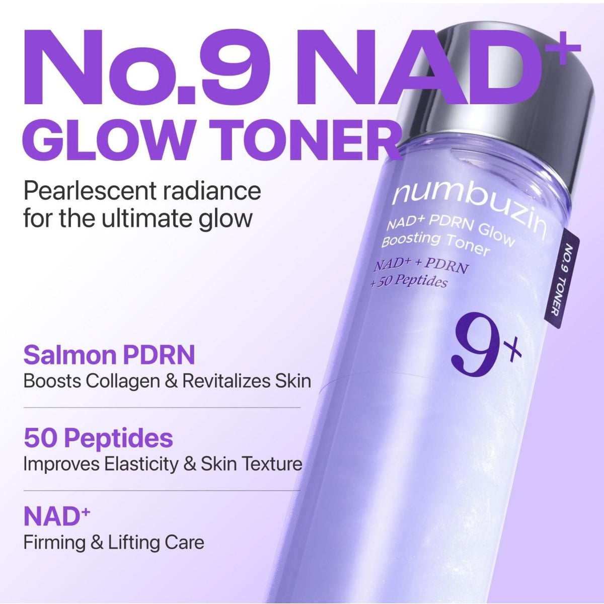 Refect Beauty Numbuzin No. 9 NAD+ PDRN Glow Boosting Toner bottle with purple gradient packaging and key benefits text