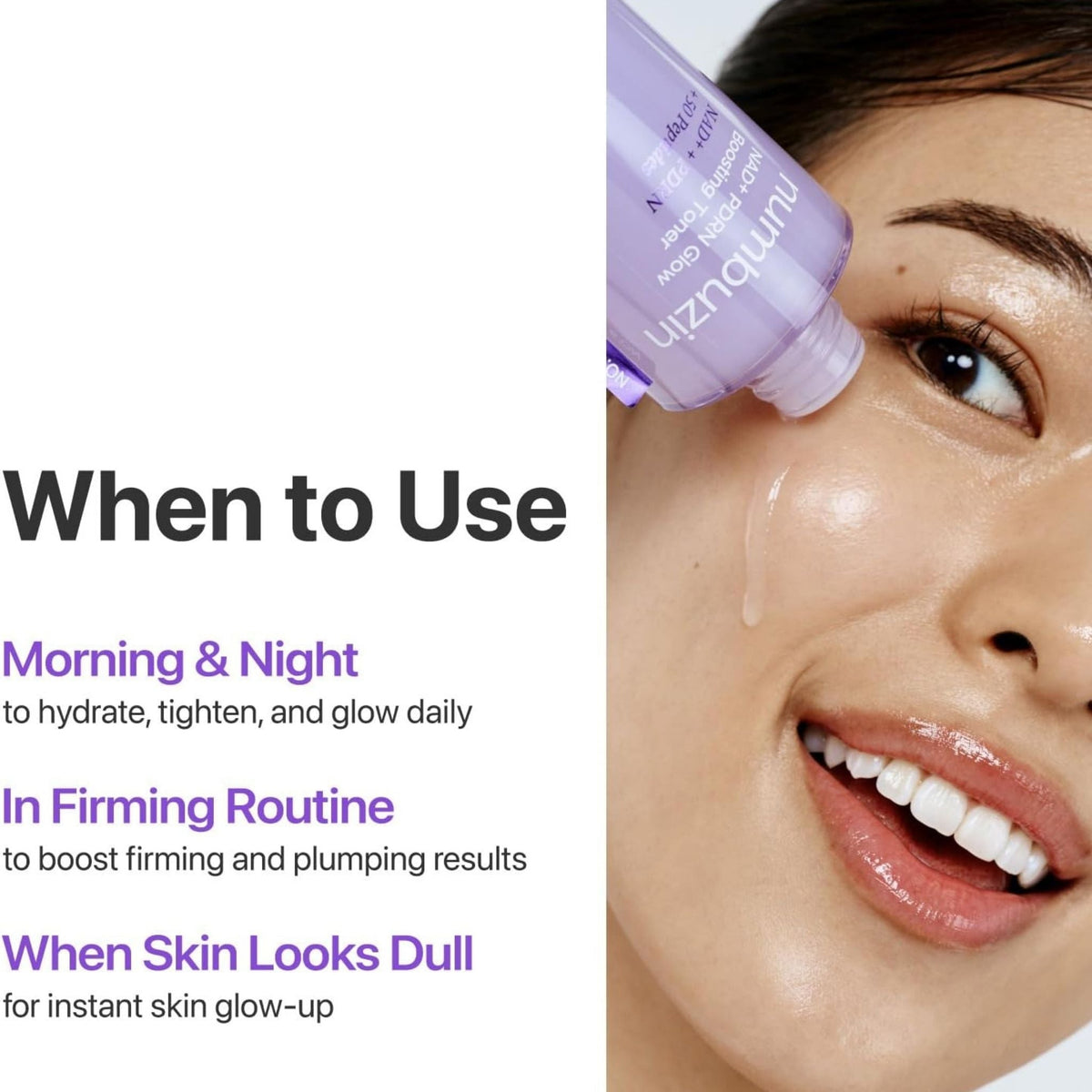 Refect Beauty Numbuzin No. 9 NAD+ PDRN Glow Boosting Toner being applied to a woman's glowing, hydrated skin
