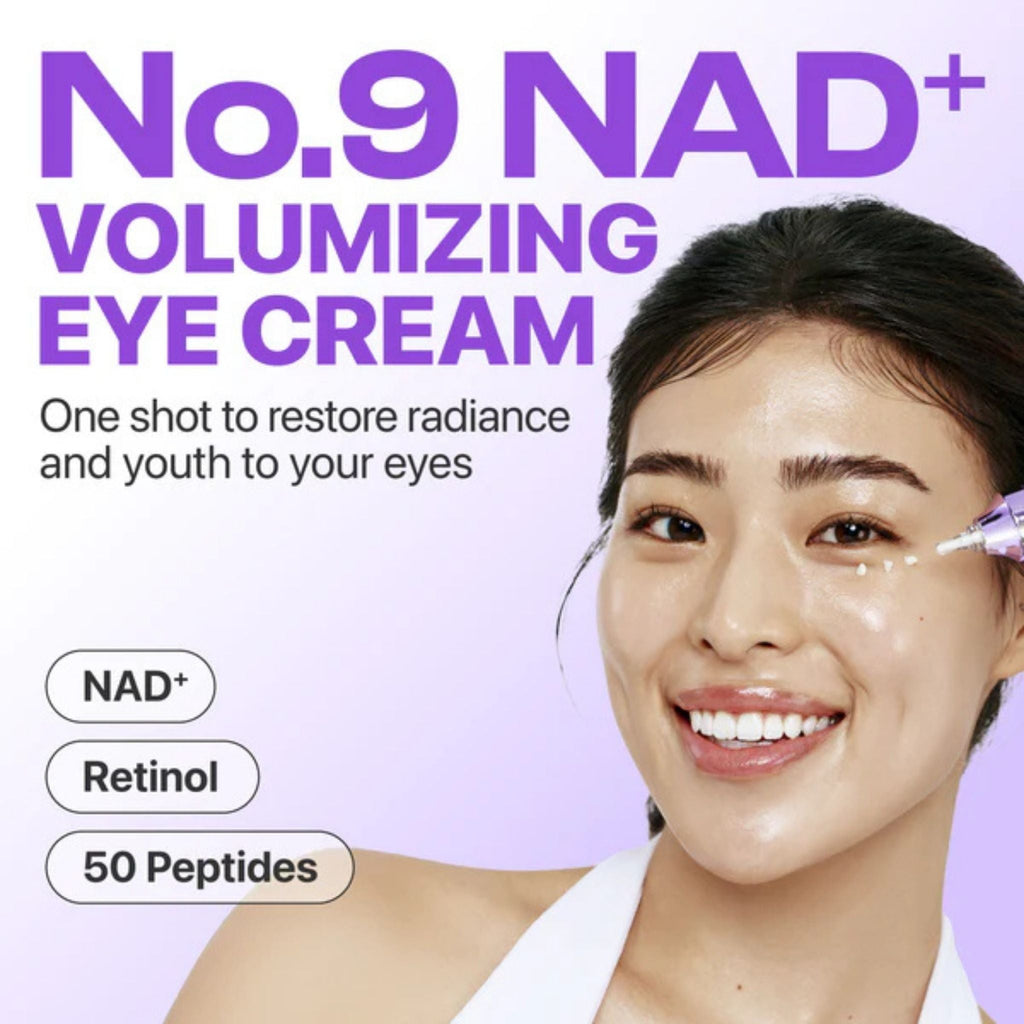Refect Beauty Numbuzin No.9 NAD+ Retinol eye cream applied by a smiling woman to brighten and firm the under-eye area.
