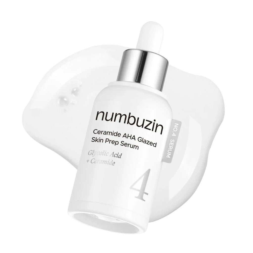 Refect Beauty Numbuzin No.4 Ceramide AHA Glazed Skin Prep Serum bottle with a dropper on a white liquid splash background