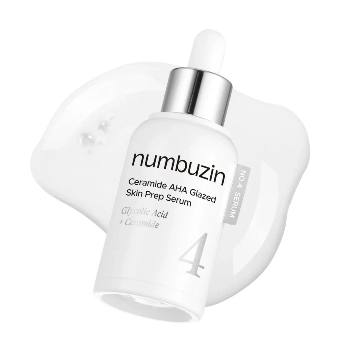 Refect Beauty Numbuzin No.4 Ceramide AHA Glazed Skin Prep Serum bottle with a dropper on a white liquid splash background