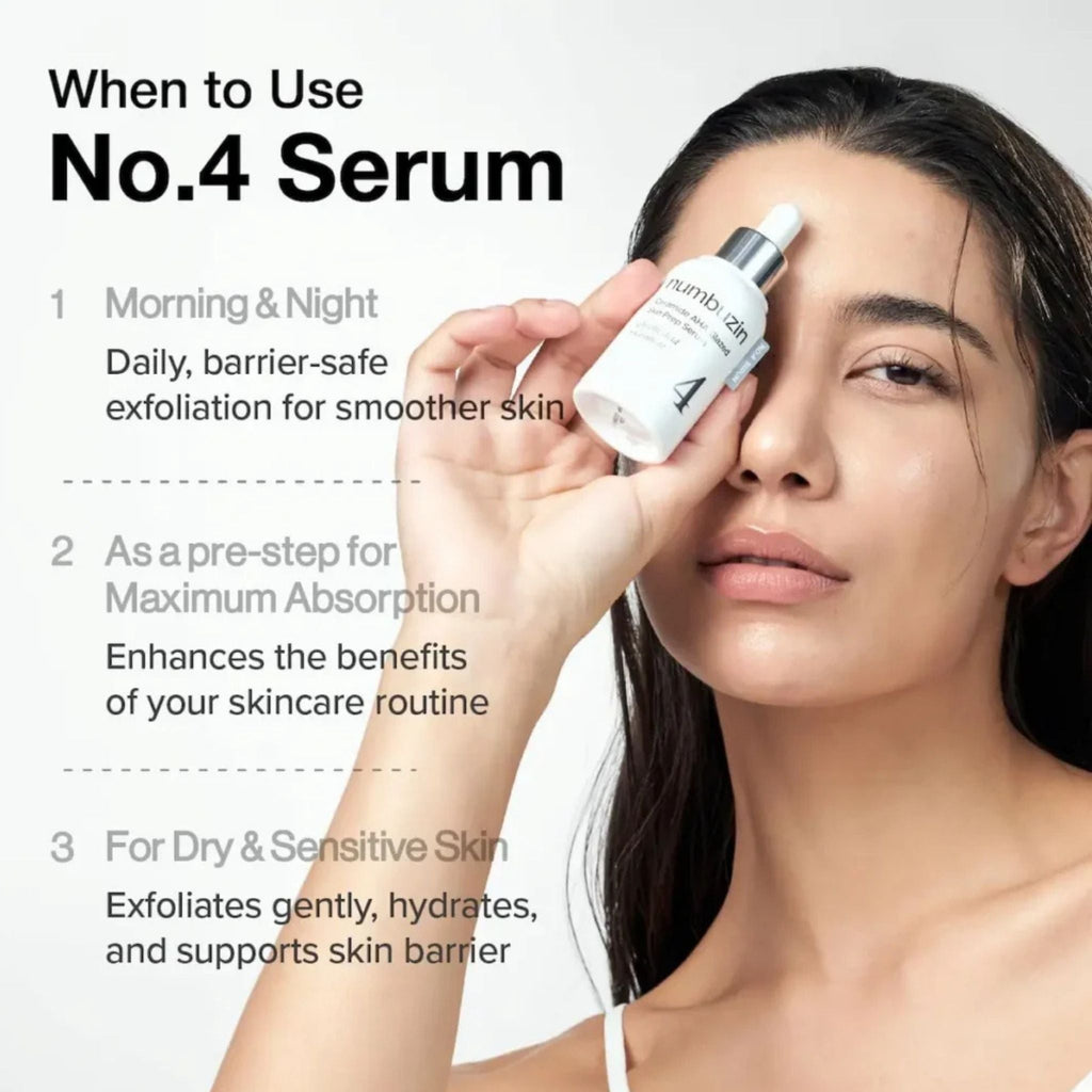 Refect Beauty model holding Numbuzin No.4 Ceramide AHA Glazed Skin Prep Serum bottle against her forehead