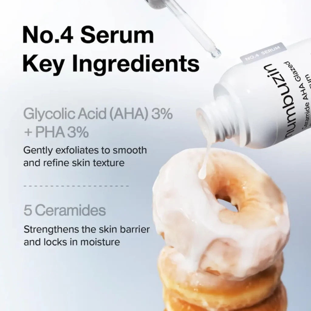 Refect Beauty Numbuzin No.4 Ceramide AHA Glazed Skin Prep Serum bottle dripping serum onto a glazed donut