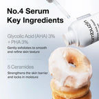Refect Beauty Numbuzin No.4 Ceramide AHA Glazed Skin Prep Serum bottle dripping serum onto a glazed donut