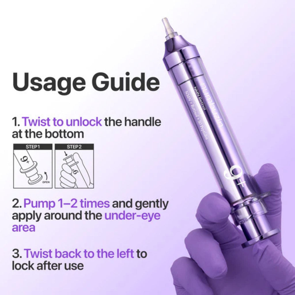 Refect Beauty Numbuzin No.9 NAD+ Retinol eye cream in a purple syringe applicator with usage instructions on screen.
