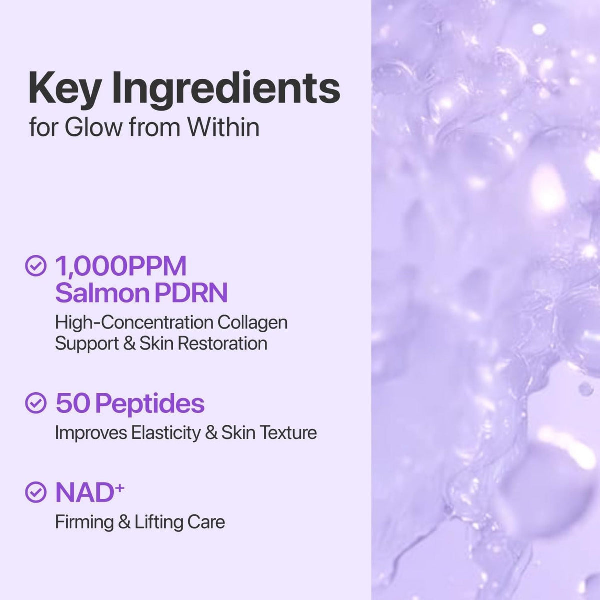Refect Beauty Numbuzin No. 9 toner infographic highlighting salmon PDRN, 50 peptides, and NAD+ for skin glow