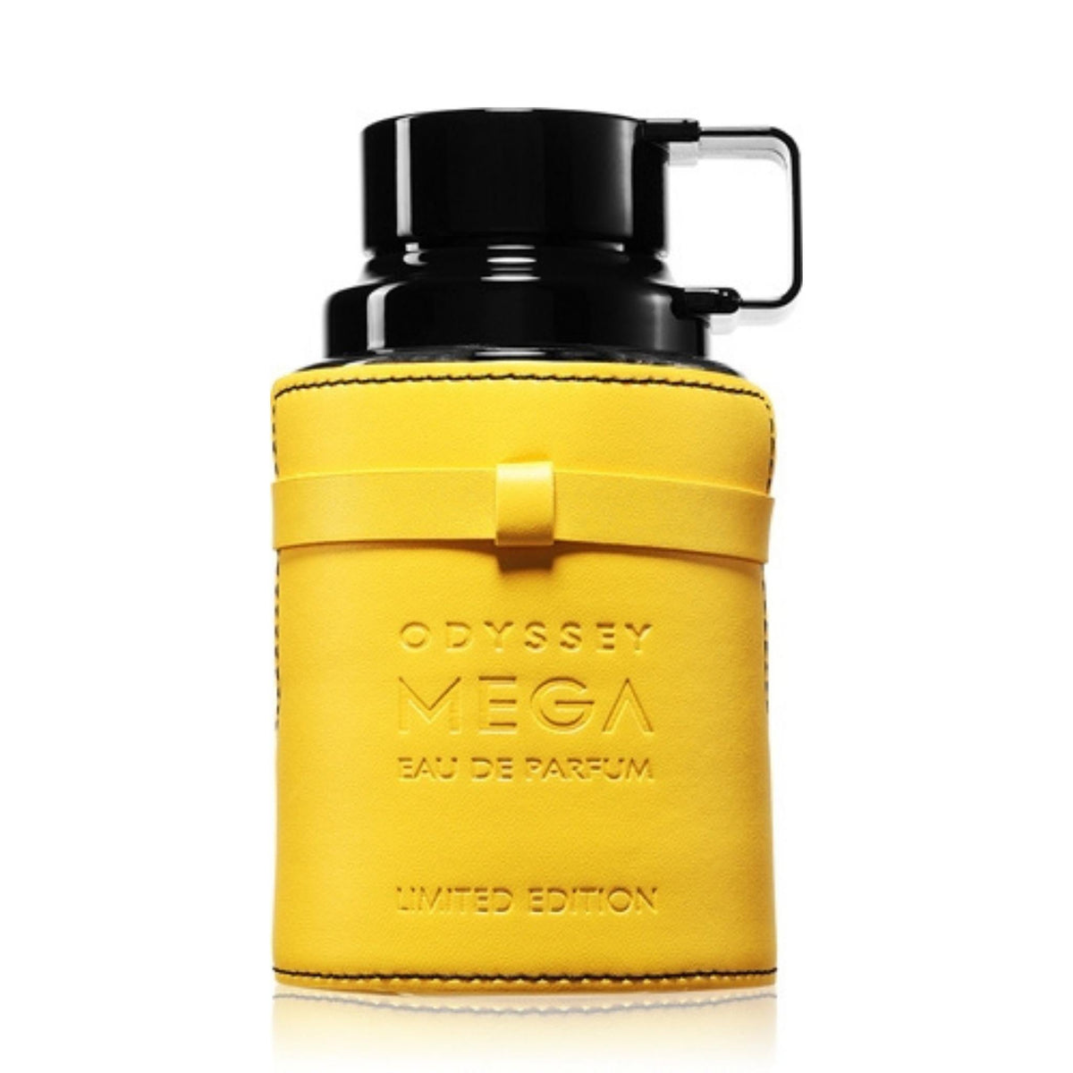 Refect Beauty Odyssey Mega Eau de Parfum in a bright yellow leather-textured sleeve with a black cap and handle.