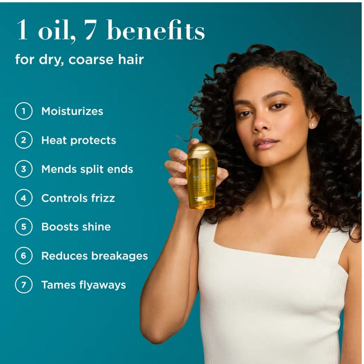 Refect Beauty model holding Ogx Argan Oil of Morocco hair treatment bottle with a list of seven hair care benefits.