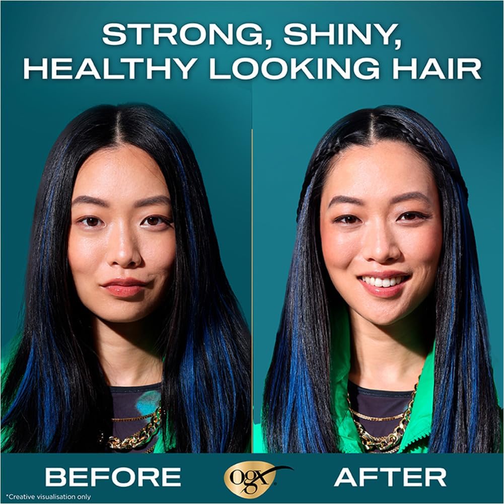 Refect Beauty before and after comparison of hair treated with OGX Renewing + Argan Oil of Morocco Conditioner
