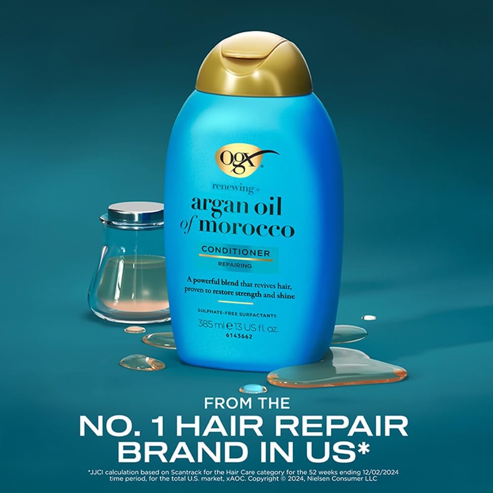 Refect Beauty OGX Renewing Argan Oil of Morocco conditioner bottle in blue with gold cap on a teal surface