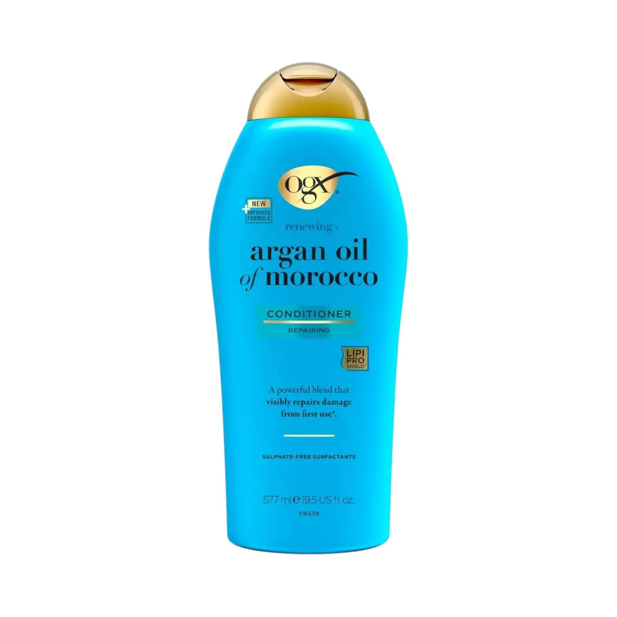Refect Beauty OGX Renewing Argan Oil of Morocco conditioner in a blue bottle with a gold cap for dry damaged hair 577ml