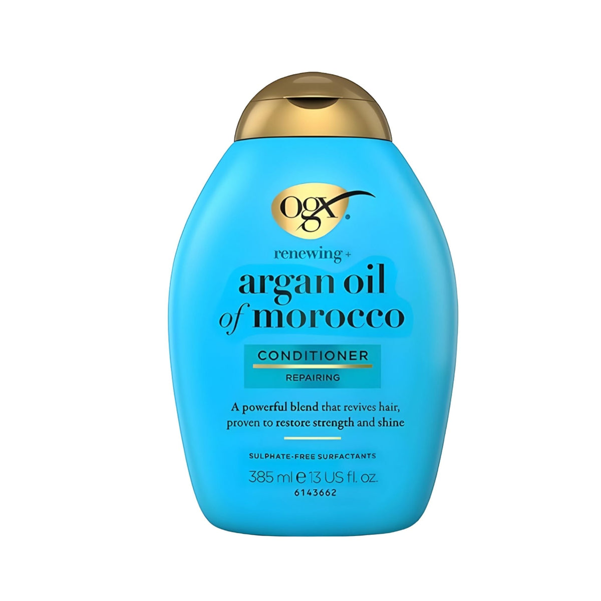 Refect Beauty OGX Renewing + Argan Oil of Morocco conditioner in a blue bottle with a gold cap for dry hair 385ml