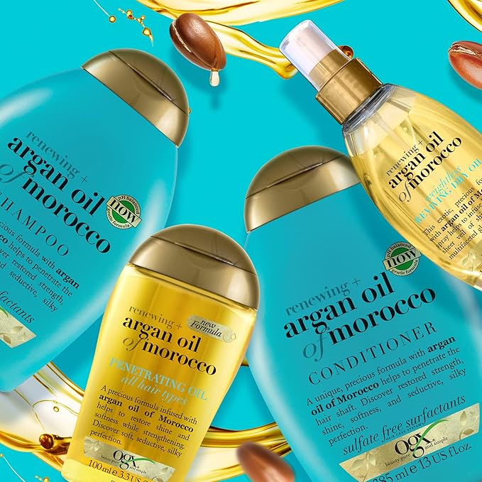 Refect Beauty collection of Ogx Argan Oil of Morocco hair care products including shampoo, conditioner, and dry oil.