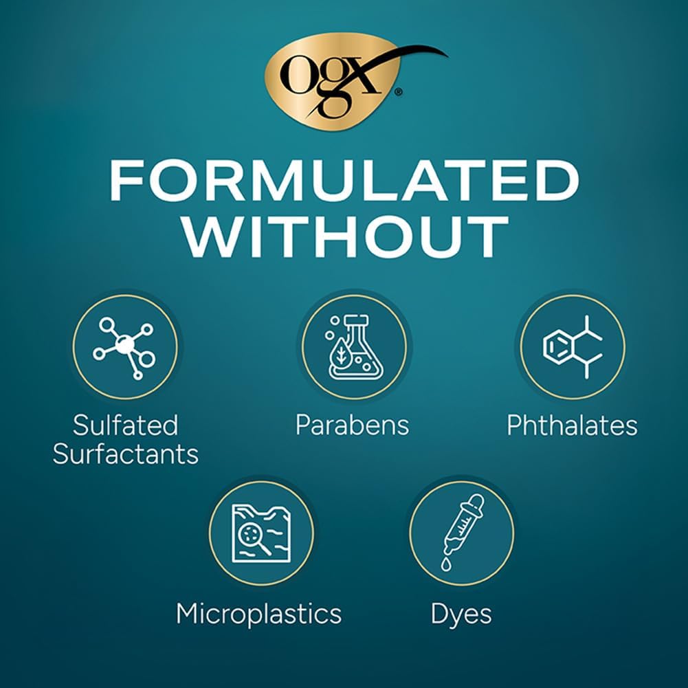 Refect Beauty OGX Argan Oil conditioner infographic showing it is formulated without sulfates, parabens, and dyes.