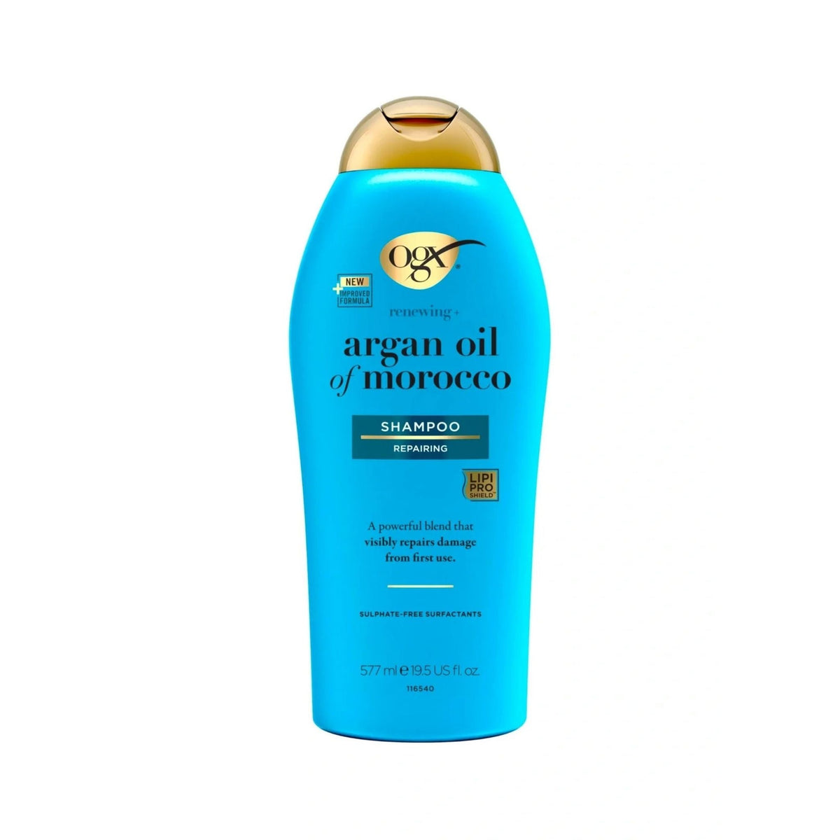 Refect Beauty OGX Renewing + Argan Oil of Morocco shampoo in a blue bottle with a gold cap for dry, damaged hair.
