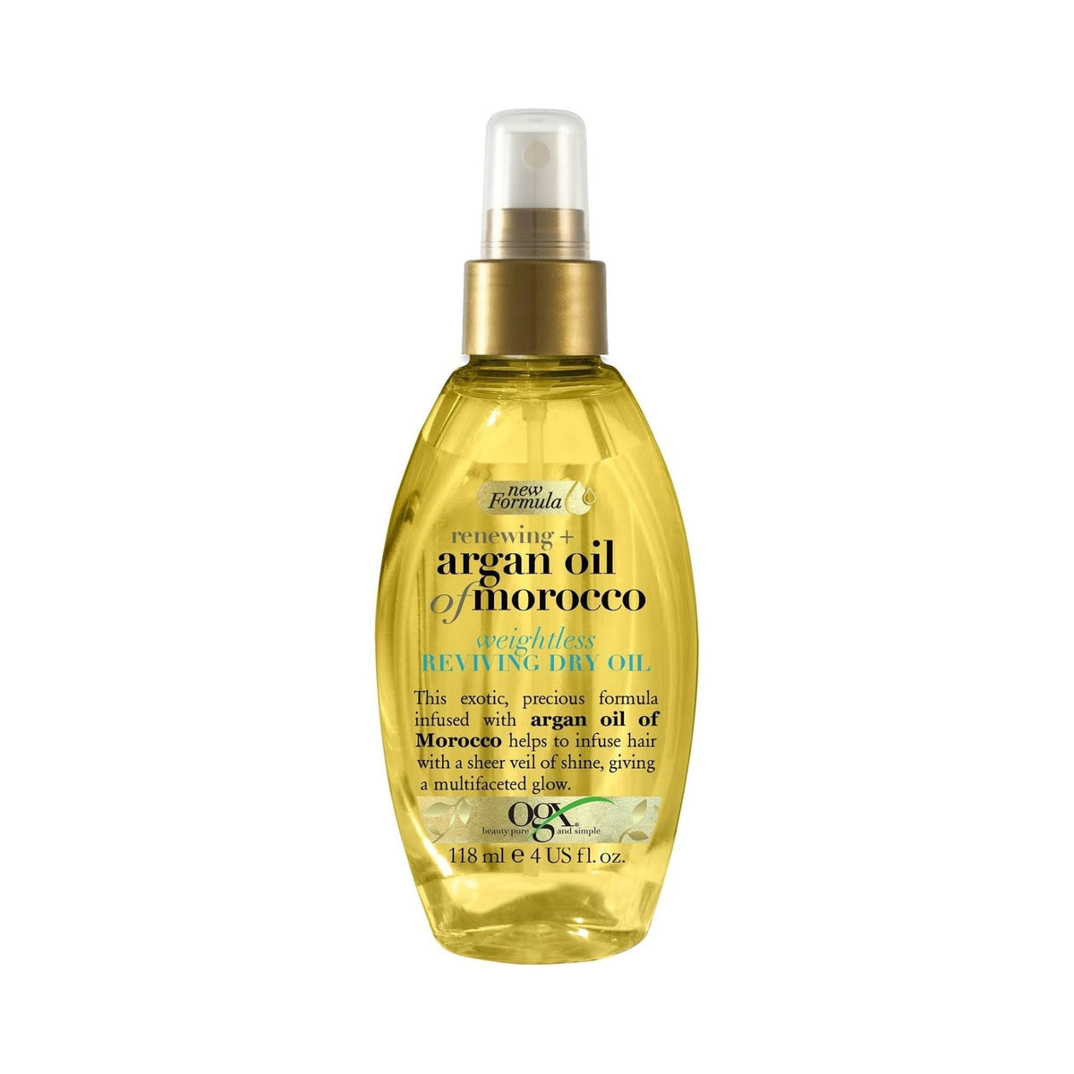 Refect Beauty Ogx Argan Oil of Morocco weightless dry hair oil spray in a clear bottle with a gold pump dispenser.