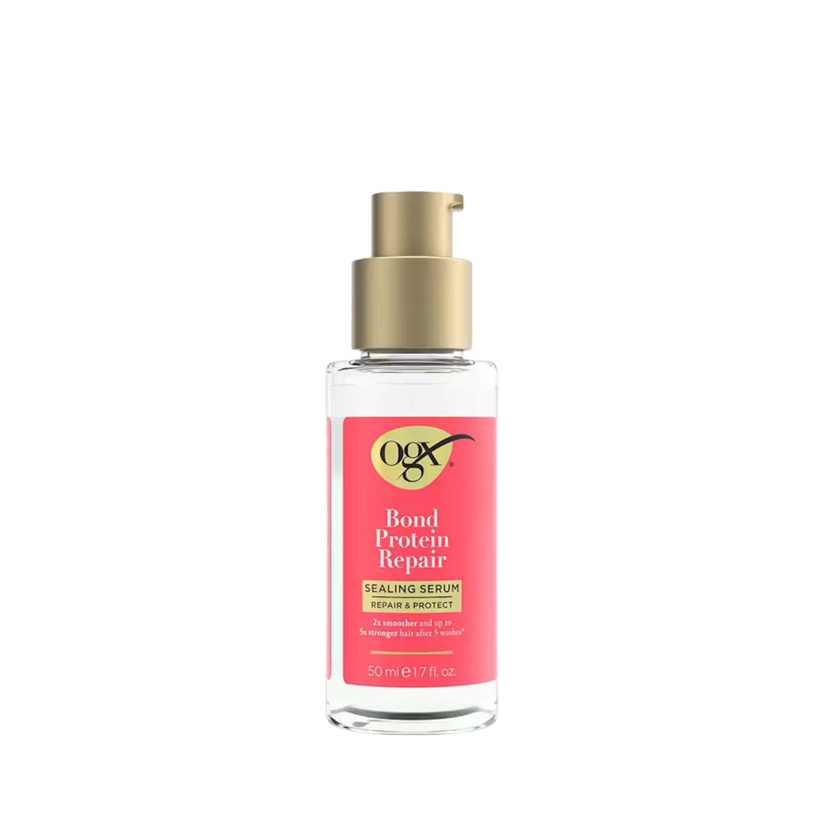 Refect Beauty OGX Bond Protein Repair Sealing Serum in a clear bottle with a pink label and gold pump dispenser.