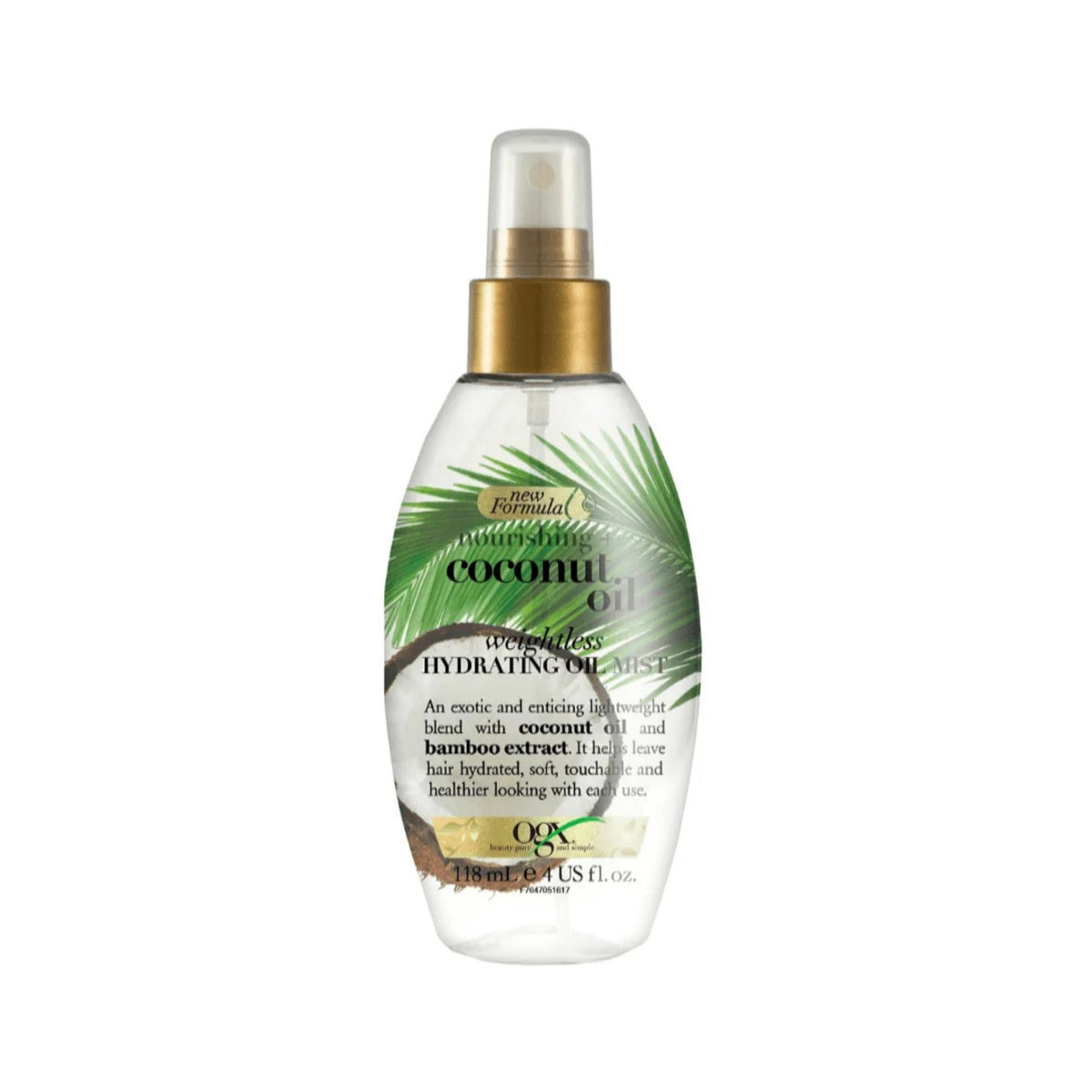 Refect Beauty Ogx Coconut Oil weightless hydrating hair mist in a clear spray bottle with tropical palm leaf design.