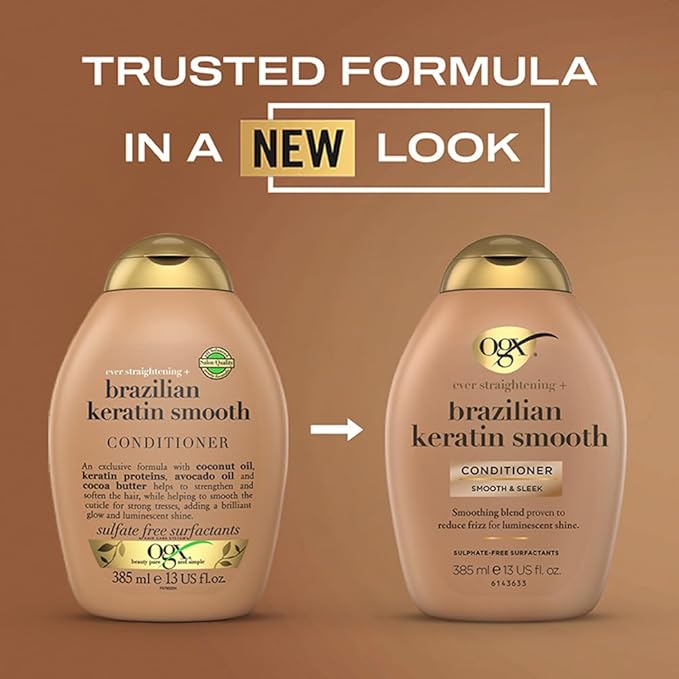 Refect Beauty Ogx Brazilian Keratin Smooth conditioner bottles showing old and new packaging design side by side