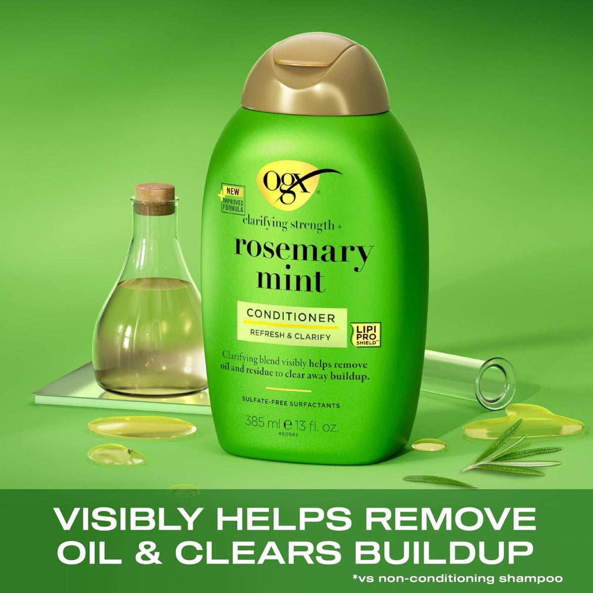 Refect Beauty OGX Rosemary Mint Conditioner bottle in green packaging with rosemary sprigs and oil on a green background