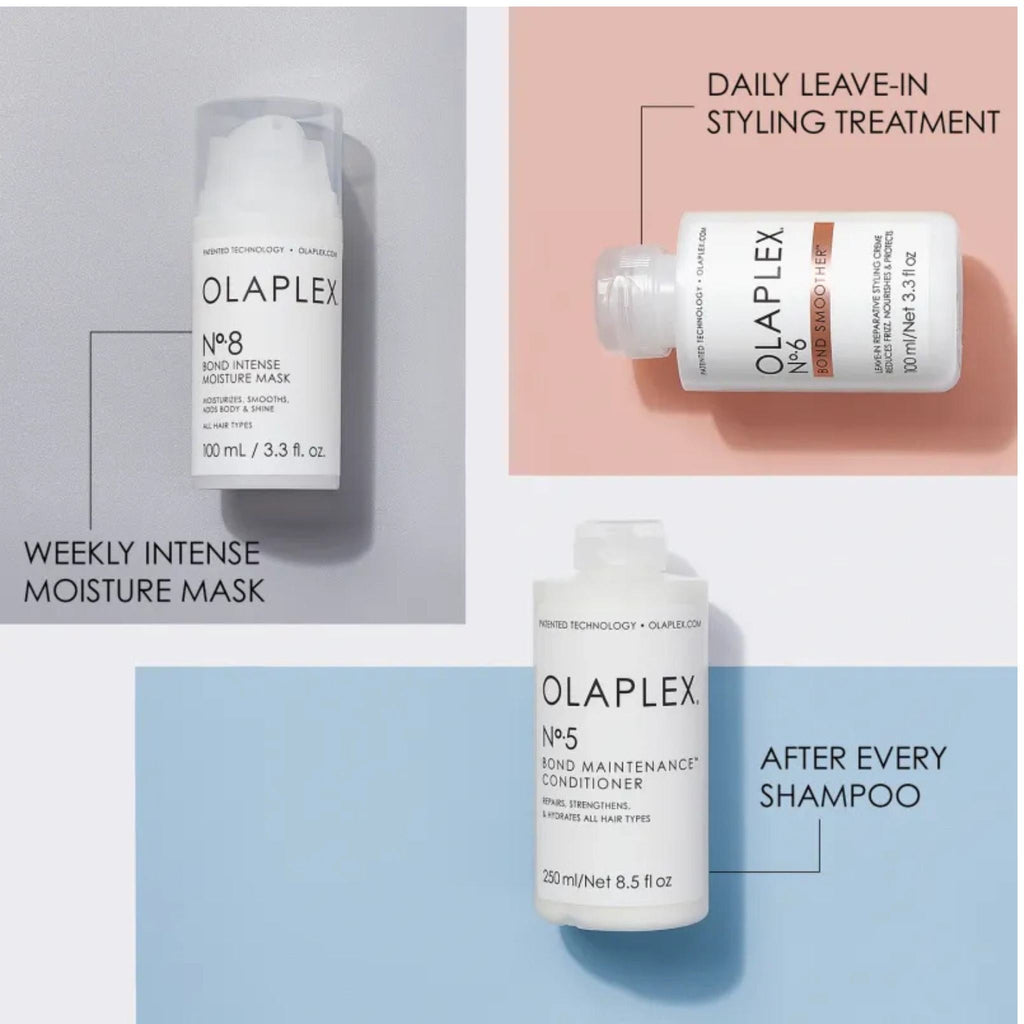 Refect Beauty Olaplex hair care set featuring No.8 Moisture Mask, No.6 Bond Smoother, and No.5 Bond Maintenance.