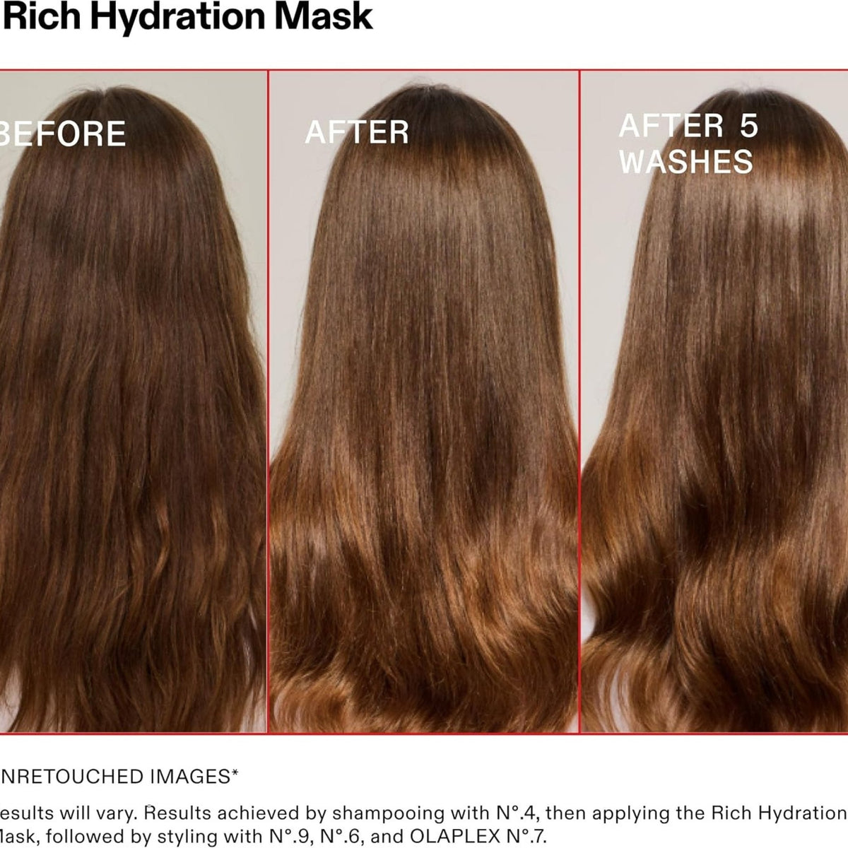 Refect Beauty Olaplex Rich Hydration Mask before and after results showing smoother, shinier, and hydrated brown hair