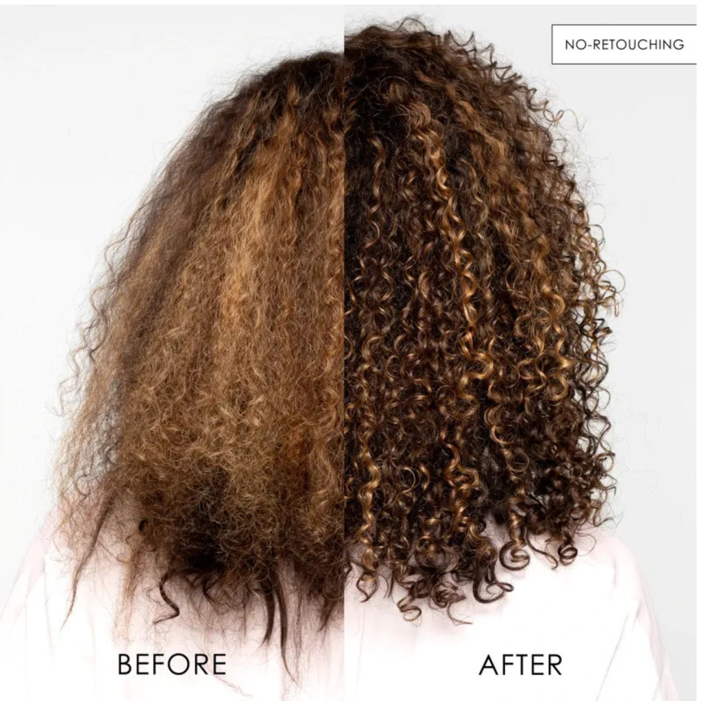 Refect Beauty before and after comparison of curly hair showing improved hydration and definition after Olaplex No.8