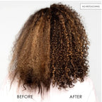 Refect Beauty before and after comparison of curly hair showing improved hydration and definition after Olaplex No.8